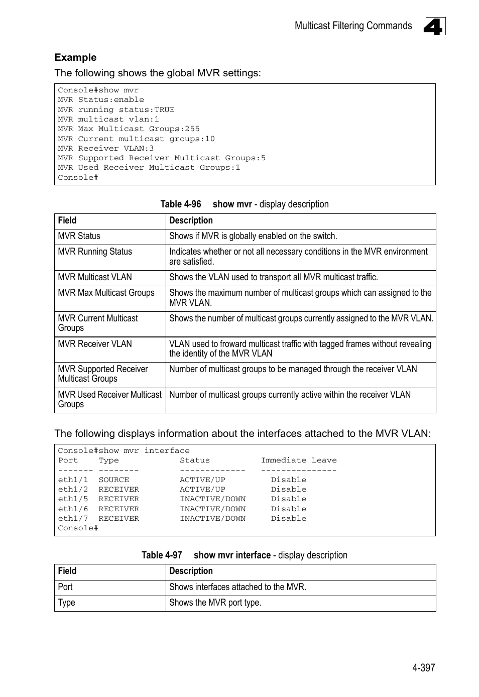 Table 4-96, Show mvr - display description, Table 4-97 | Show mvr interface - display description | LevelOne FGL-2870 User Manual | Page 763 / 800