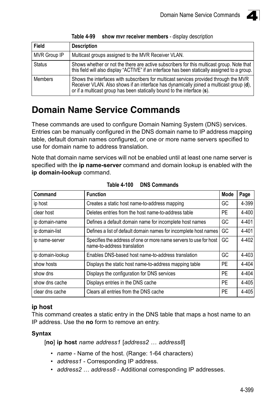 Domain name service commands, Ip host, Table 4-100 dns commands | Table 4-99, Show mvr receiver members - display description | LevelOne FGL-2870 User Manual | Page 765 / 800