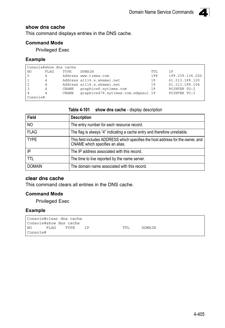 Show dns cache, Clear dns cache, Table 4-101 show dns cache - display description | LevelOne FGL-2870 User Manual | Page 771 / 800