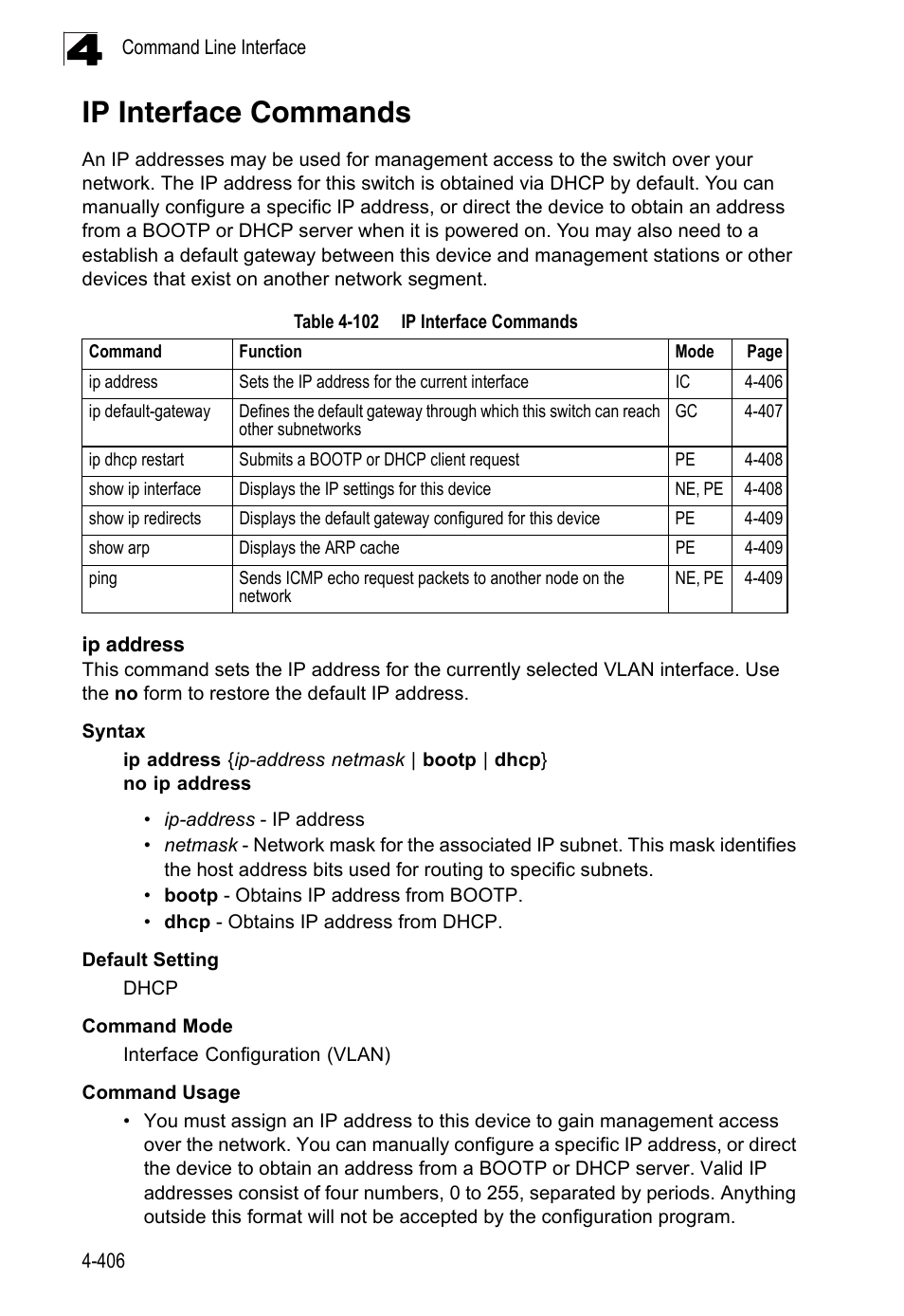 Ip interface commands, Ip address, Table 4-102 ip interface commands | LevelOne FGL-2870 User Manual | Page 772 / 800