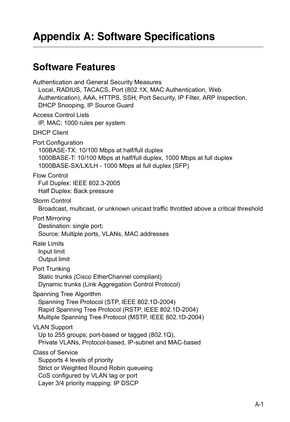 Appendix a: software specifications, Software features | LevelOne FGL-2870 User Manual | Page 777 / 800