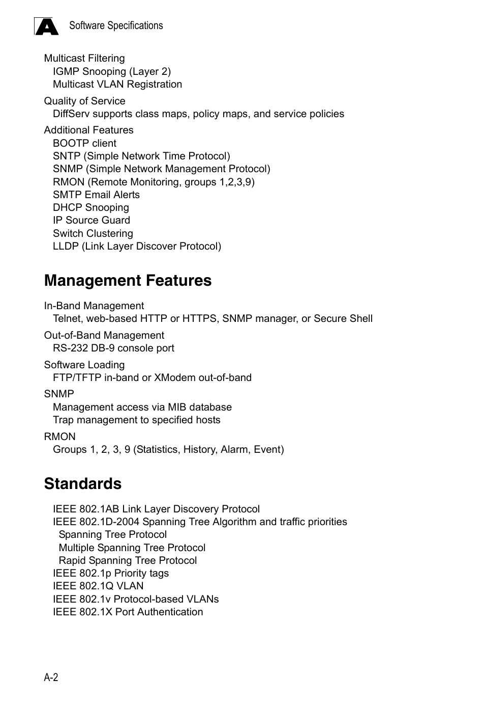 Management features, Standards, Standards a-2 | LevelOne FGL-2870 User Manual | Page 778 / 800