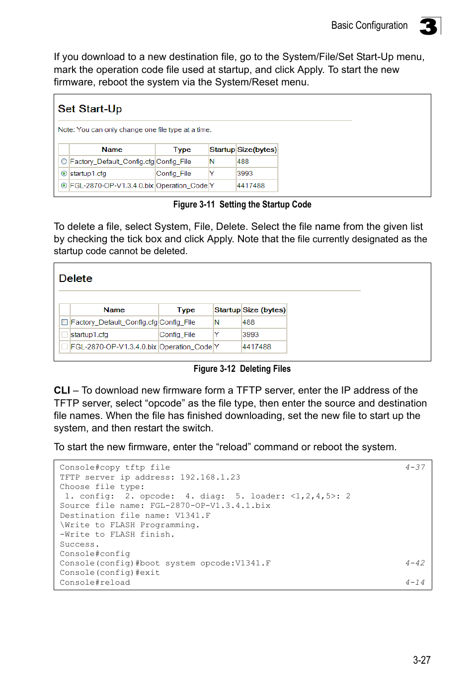 Figure 3-11, Setting the startup code, Figure 3-12 | Deleting files | LevelOne FGL-2870 User Manual | Page 81 / 800