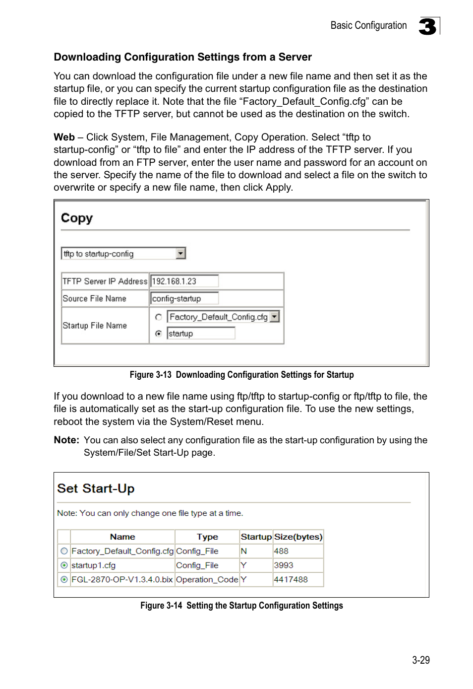 Downloading configuration settings from a server, Figure 3-13, Downloading configuration settings for startup | Figure 3-14, Setting the startup configuration settings | LevelOne FGL-2870 User Manual | Page 83 / 800