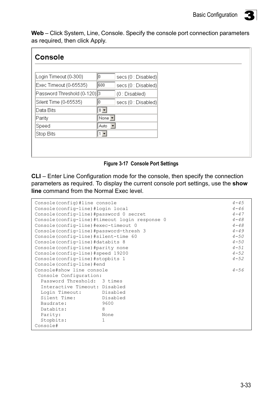 Figure 3-17, Console port settings, Basic configuration 3-33 | LevelOne FGL-2870 User Manual | Page 87 / 800
