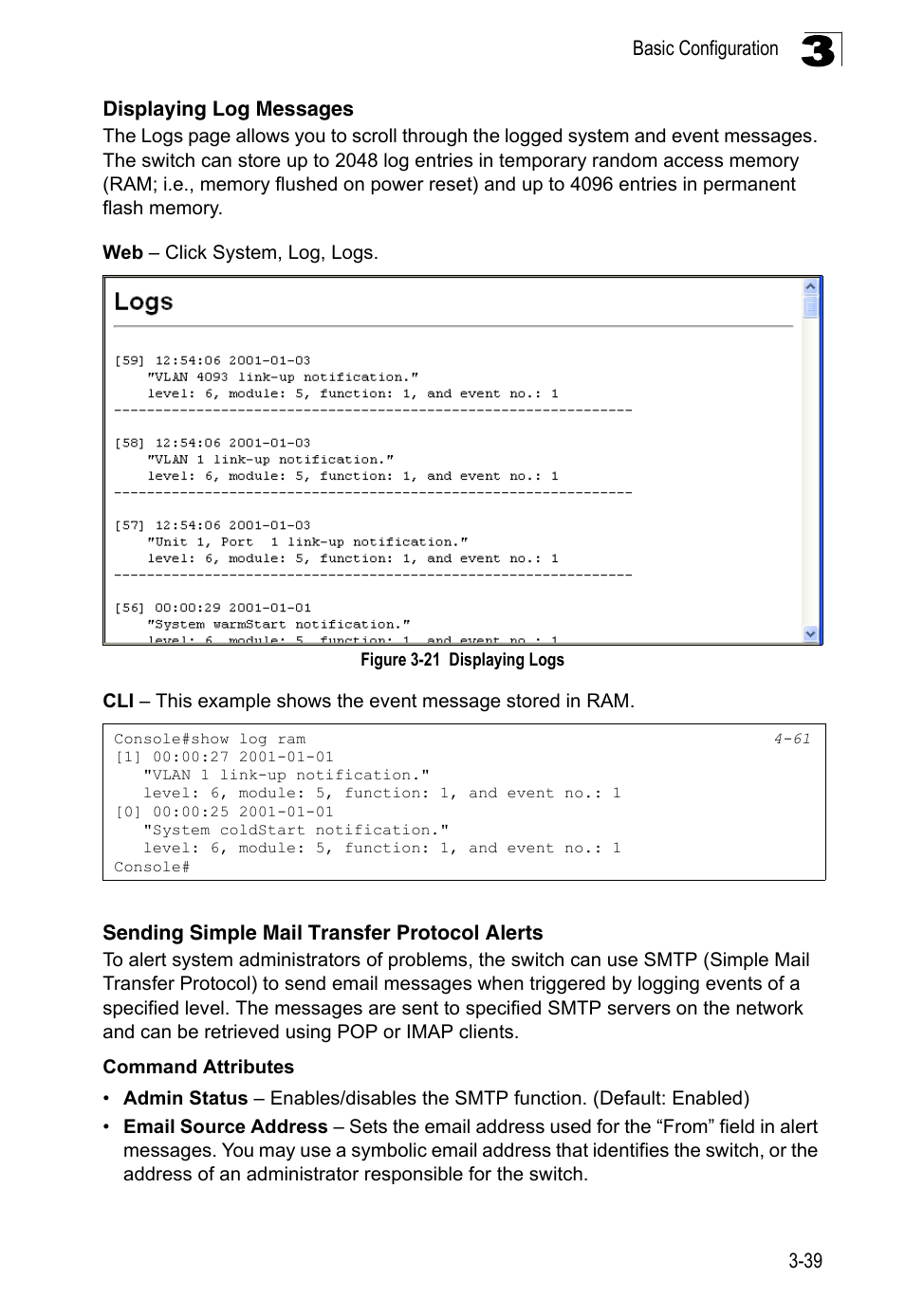 Displaying log messages, Sending simple mail transfer protocol alerts, Figure 3-21 | Displaying logs | LevelOne FGL-2870 User Manual | Page 93 / 800