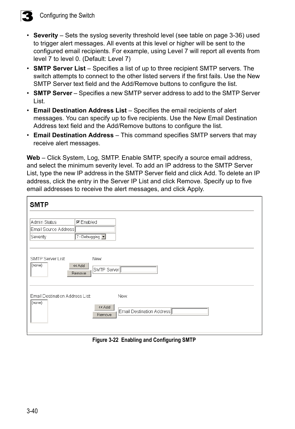 Figure 3-22, Enabling and configuring smtp | LevelOne FGL-2870 User Manual | Page 94 / 800