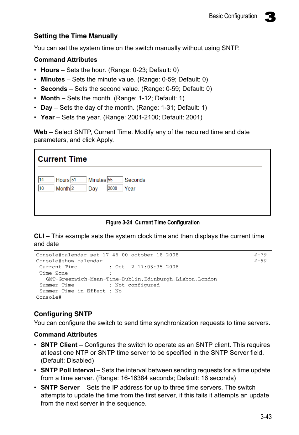 Setting the time manually, Configuring sntp, Figure 3-24 | Current time configuration | LevelOne FGL-2870 User Manual | Page 97 / 800
