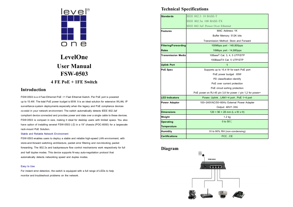 LevelOne FSW-0503Z User Manual | 2 pages