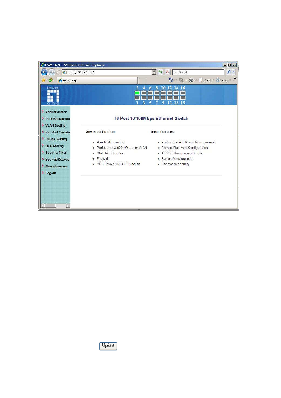 Main page, Administrator, Authentication configuration | LevelOne FSW-1671 User Manual | Page 12 / 46