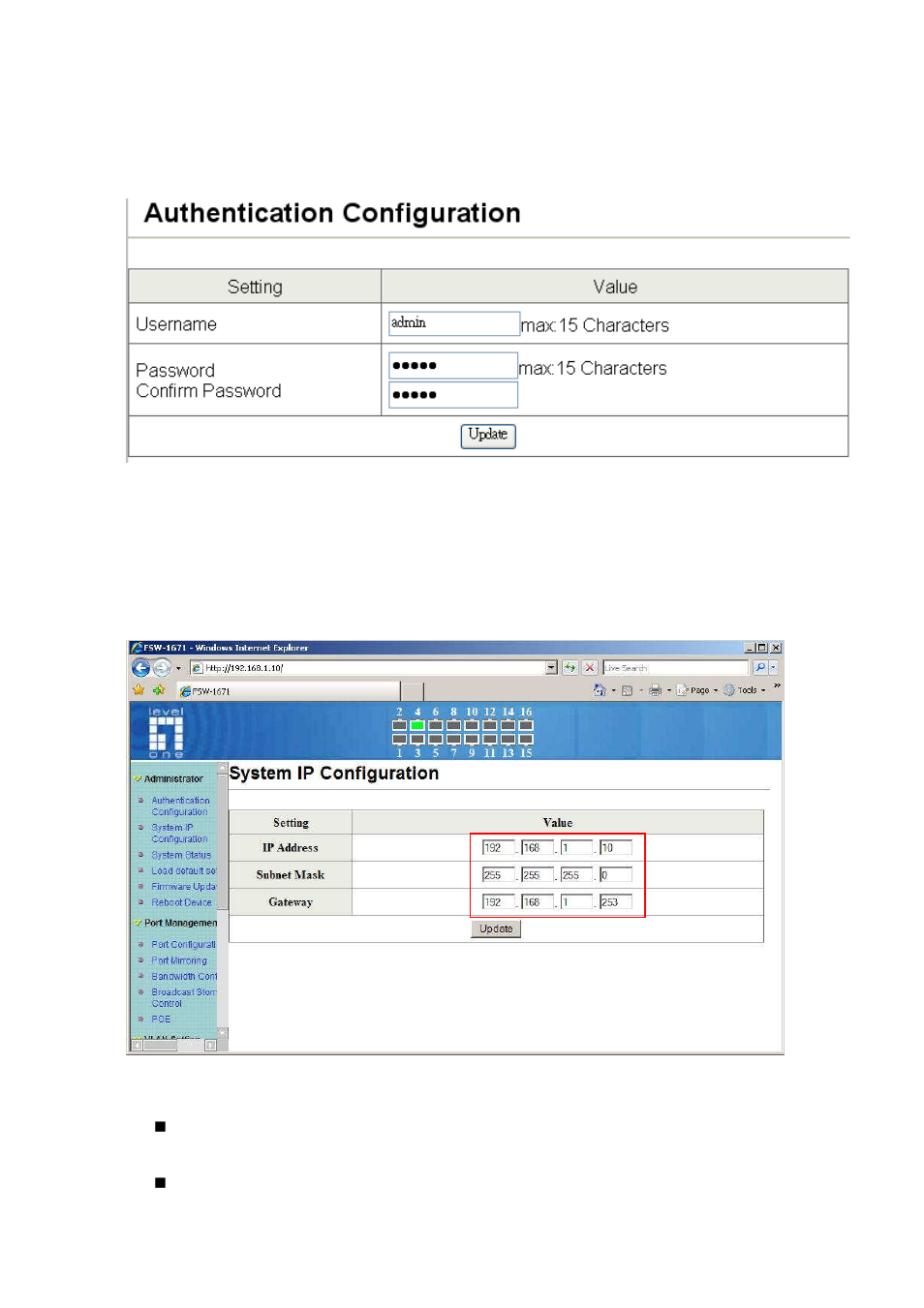 System ip configuration | LevelOne FSW-1671 User Manual | Page 13 / 46