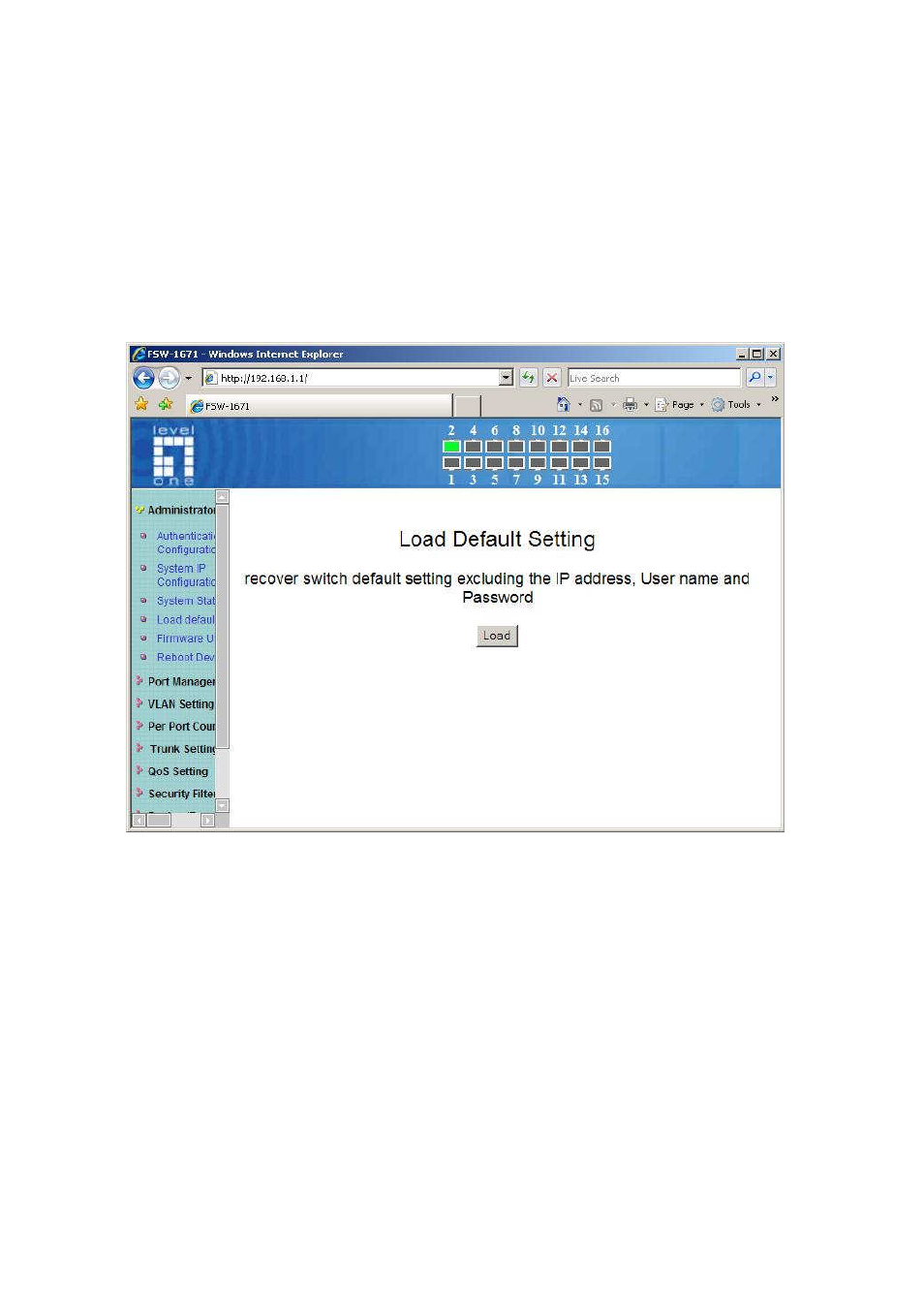 Load default setting, Firmware update | LevelOne FSW-1671 User Manual | Page 15 / 46