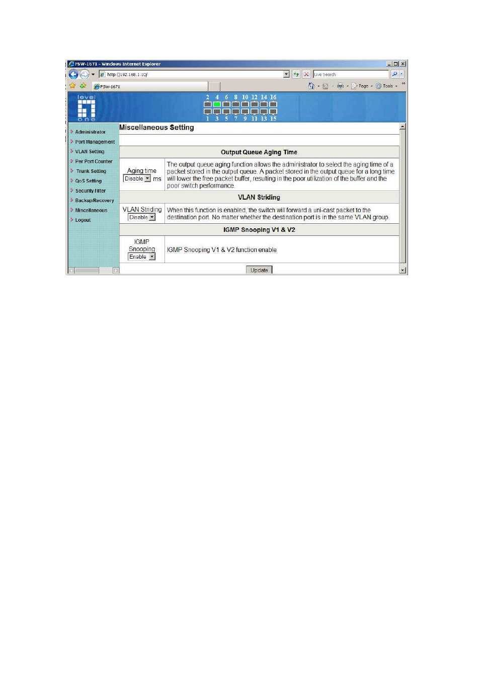 Output queue aging, Stride vlan, Igmp snooping | LevelOne FSW-1671 User Manual | Page 39 / 46