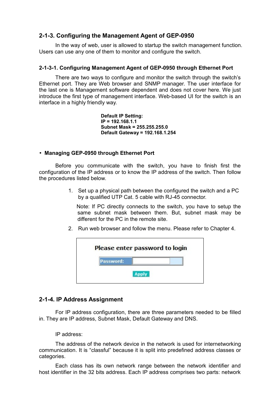 1-3. configuring the management agent of gep-0950, 1-4. ip address assignment | LevelOne GEP-0950 User Manual | Page 15 / 86
