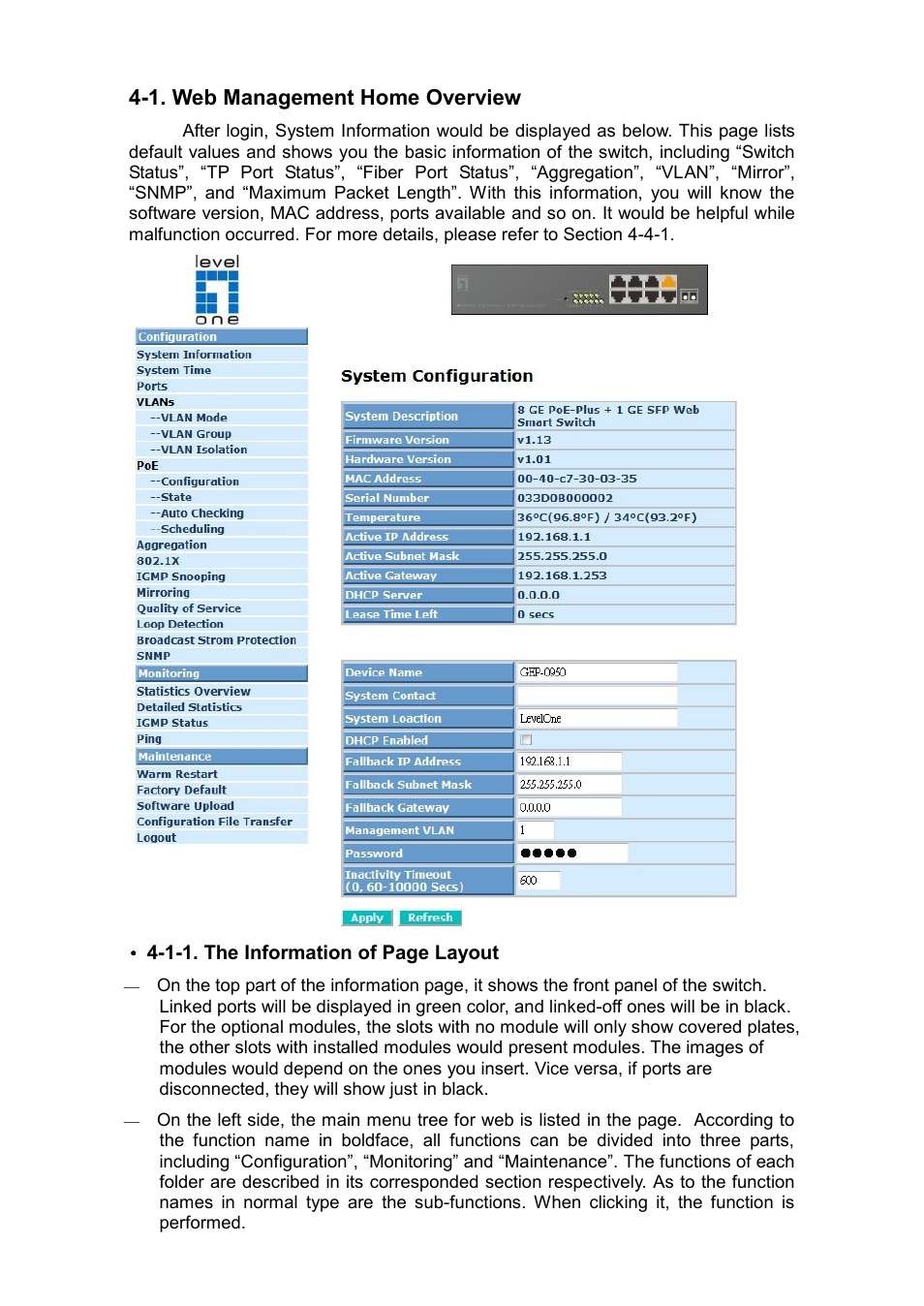 Anagement, Verview, 1. web management home overview | LevelOne GEP-0950 User Manual | Page 41 / 86