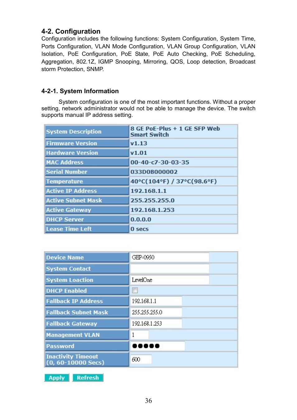 Onfiguration, 2-1. system information | LevelOne GEP-0950 User Manual | Page 42 / 86