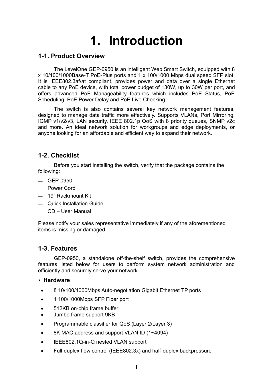 Introduction, Roduct, Verview | Hecklist, Eatures | LevelOne GEP-0950 User Manual | Page 7 / 86