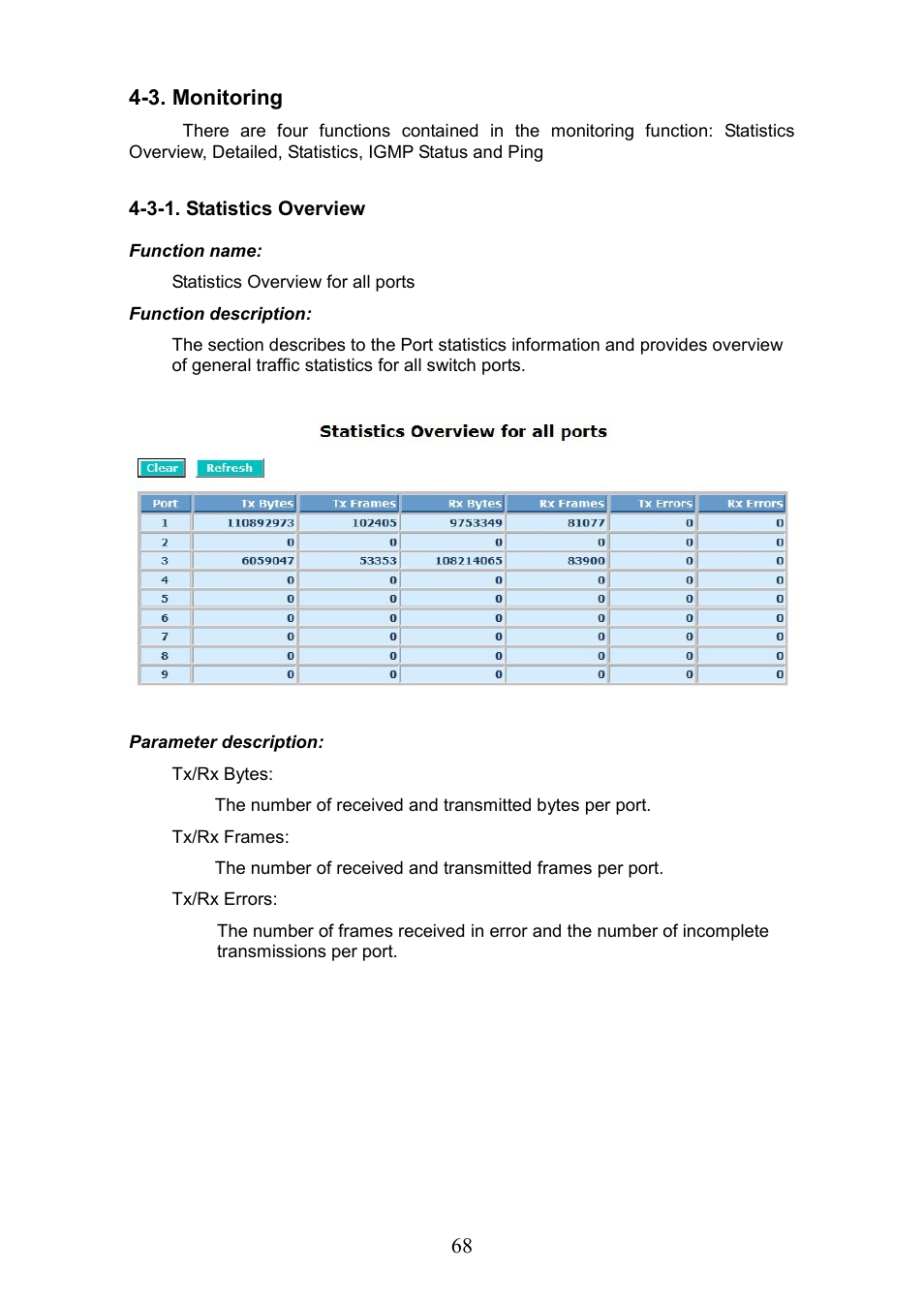 Onitoring, 3-1. statistics overview, 68 4-3. monitoring | LevelOne GEP-0950 User Manual | Page 74 / 86