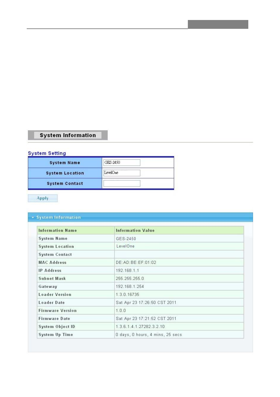 Chapter 3 web management configuration, 1 status, 1 system information | Web smart switch | LevelOne GES-2450 User Manual | Page 17 / 94