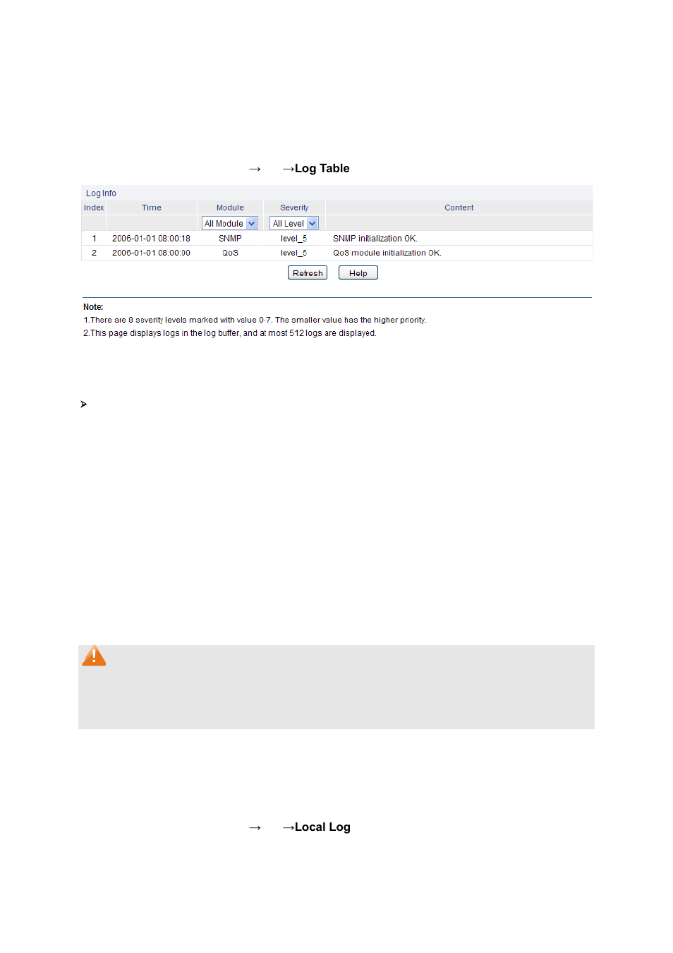 Log table, Local log, 1 log table | 2 local log | LevelOne GES-2451 User Manual | Page 116 / 128