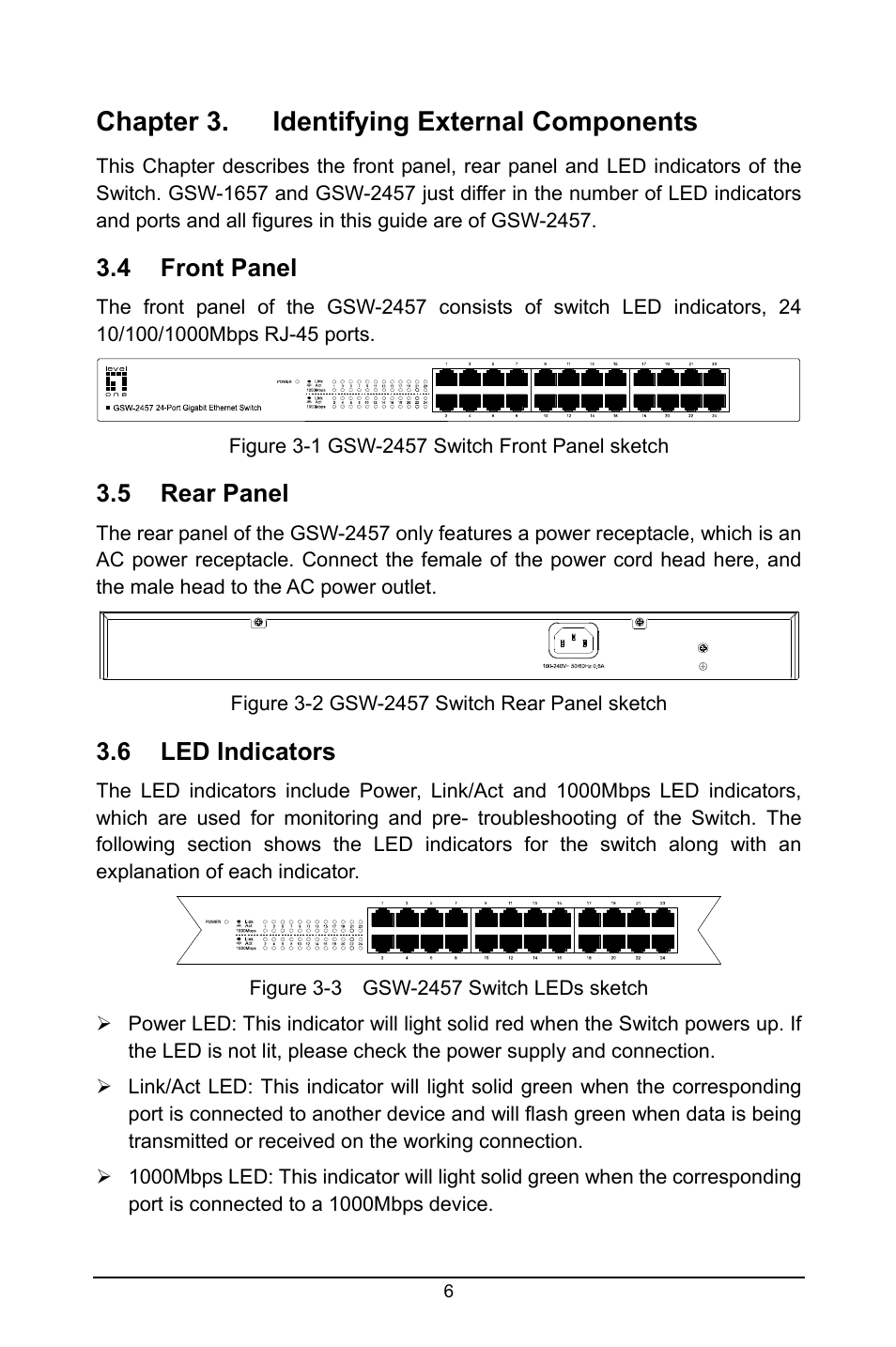 Chapter 3. identifying external components, 4 front panel, 5 rear panel | 6 led indicators, Front panel, Rear panel, Led indicators | LevelOne GSW-2457 User Manual | Page 10 / 12