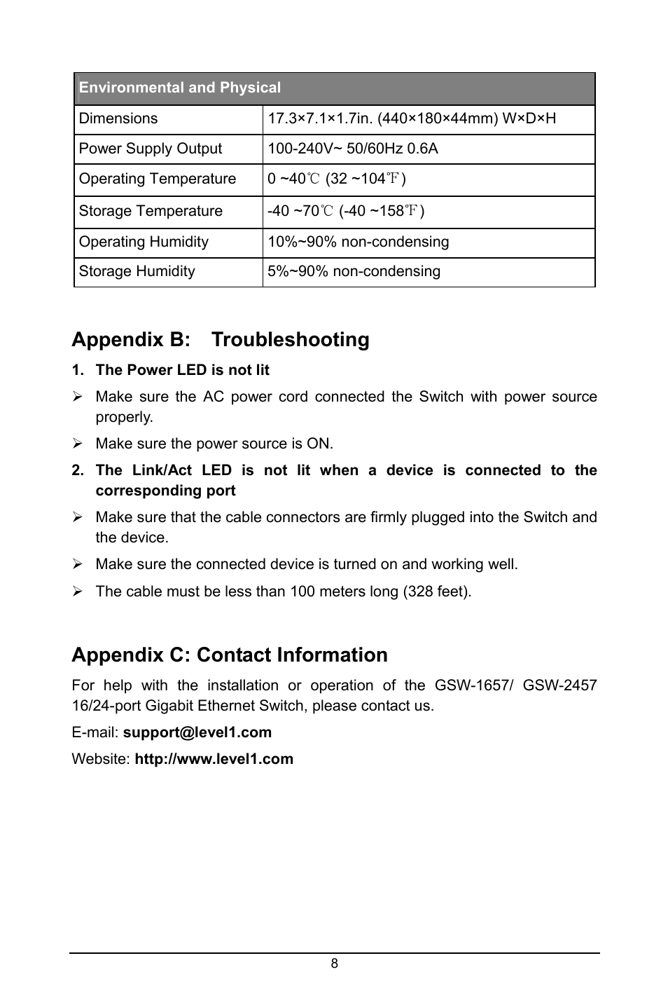 Appendix b: troubleshooting, Appendix c: contact information | LevelOne GSW-2457 User Manual | Page 12 / 12