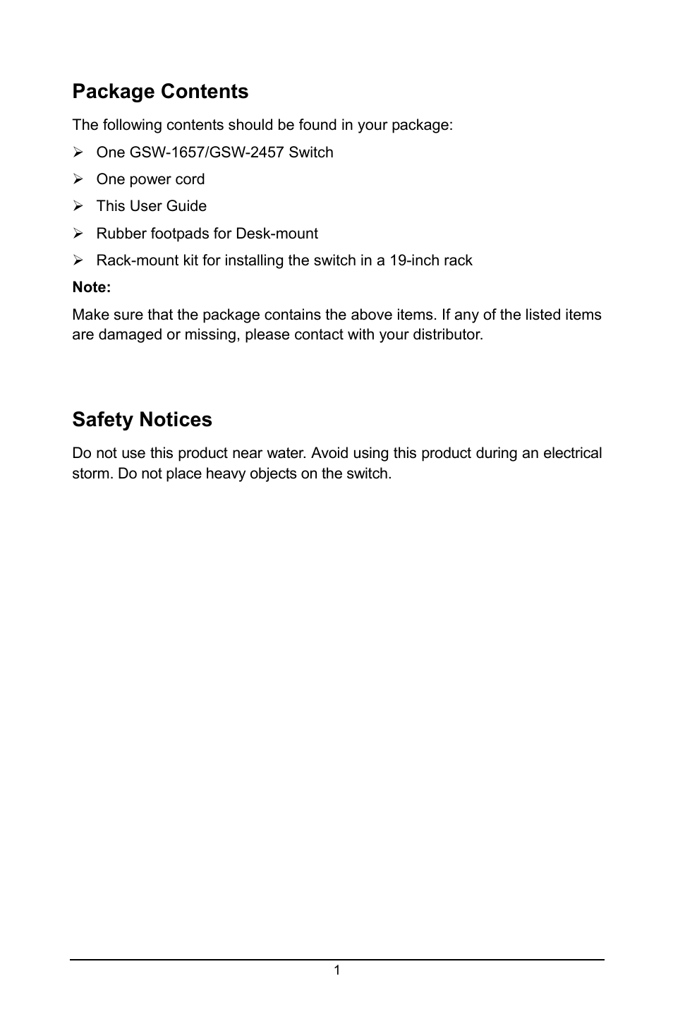 Package contents, Safety notices | LevelOne GSW-2457 User Manual | Page 5 / 12