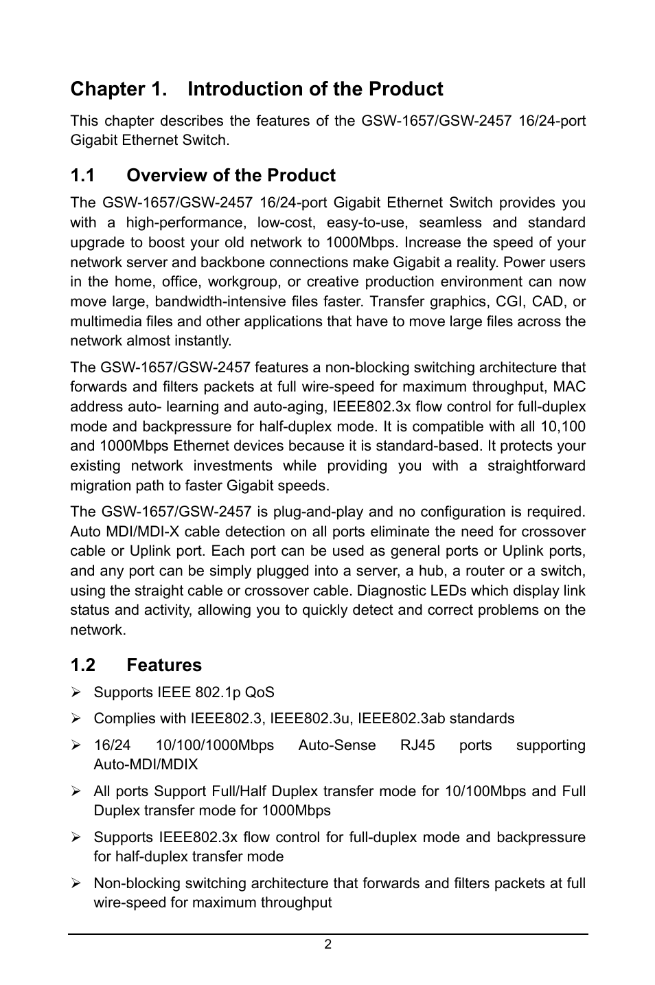 Chapter 1. introduction of the product, 1 overview of the product, 2 features | Overview of the product, Features | LevelOne GSW-2457 User Manual | Page 6 / 12