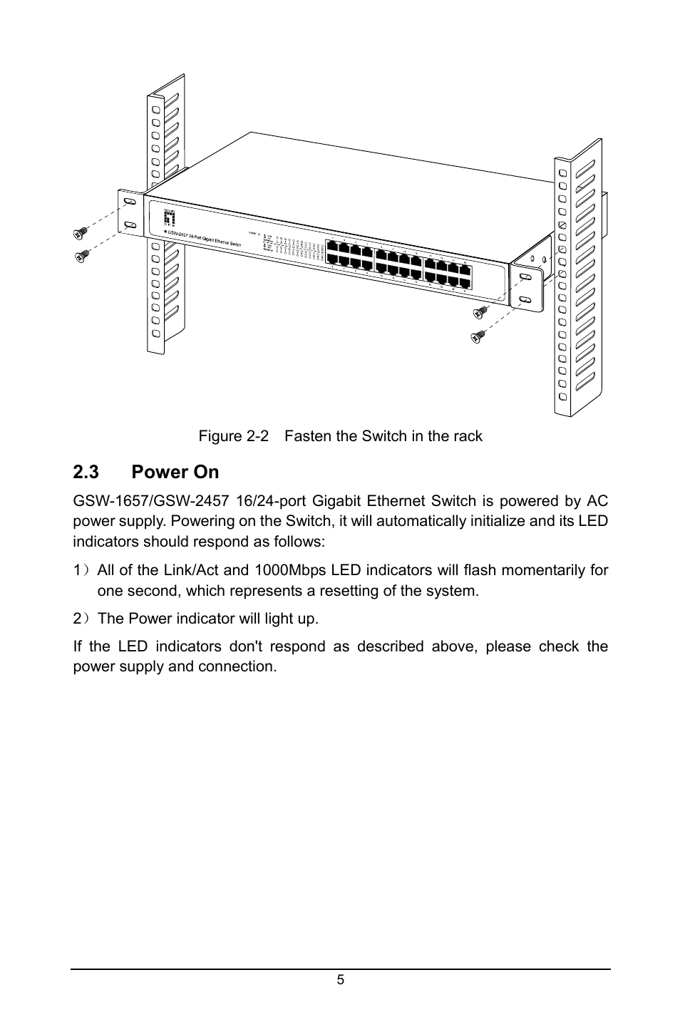 3 power on, Power on | LevelOne GSW-2457 User Manual | Page 9 / 12