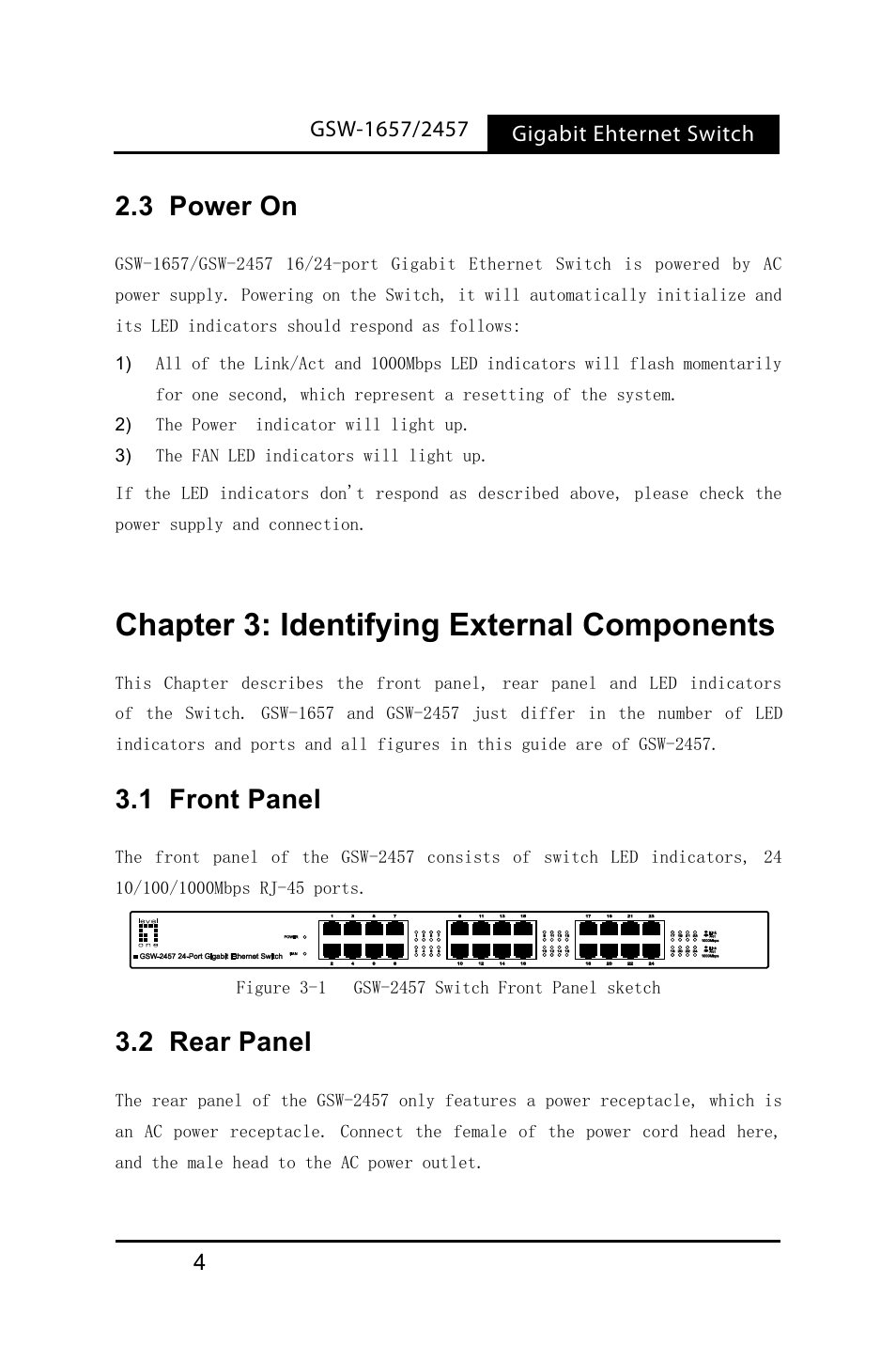 Chapter 3: identifying external components, 3 power on, 1 front panel | 2 rear panel | LevelOne GSW-2457 User Manual | Page 8 / 11