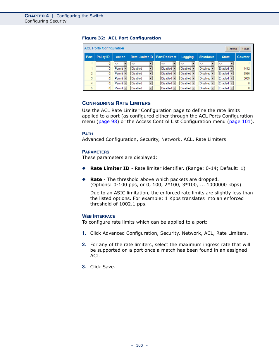 Configuring rate limiters, Figure 32: acl port configuration | LevelOne GSW-4876 User Manual | Page 100 / 314