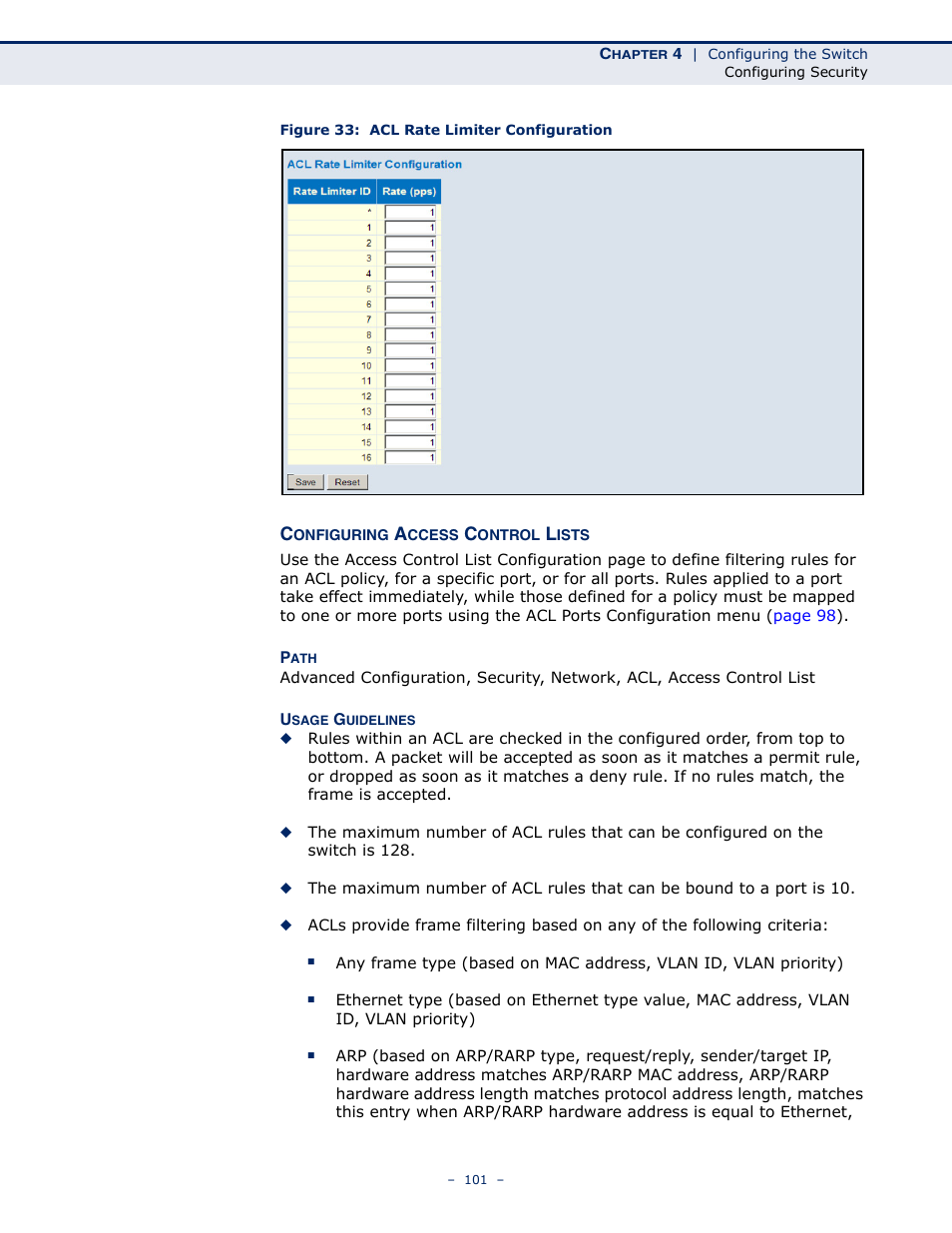 Configuring access control lists, Figure 33: acl rate limiter configuration | LevelOne GSW-4876 User Manual | Page 101 / 314