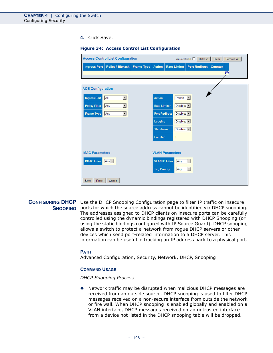 Configuring dhcp snooping, Figure 34: access control list configuration | LevelOne GSW-4876 User Manual | Page 108 / 314