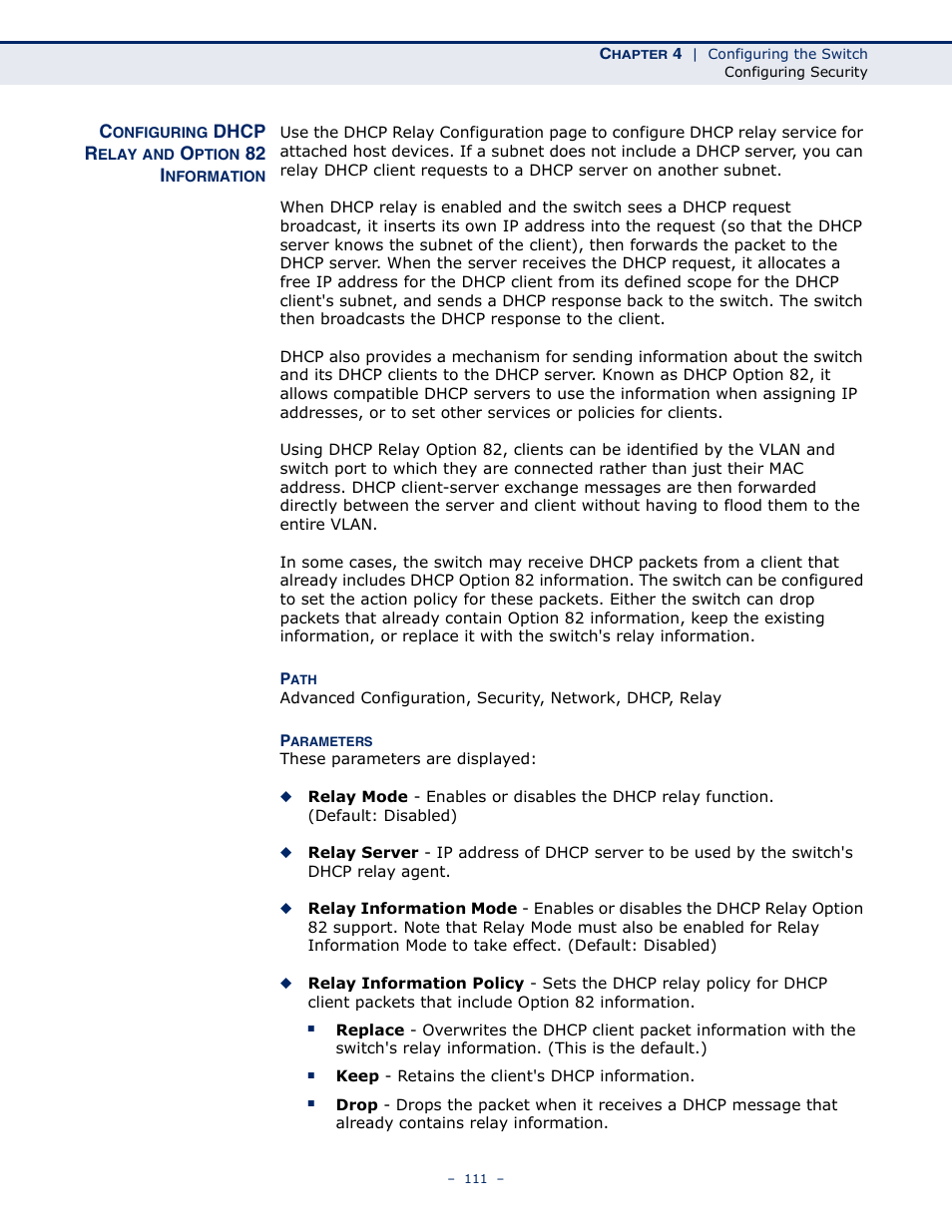 Configuring dhcp relay and option 82 information | LevelOne GSW-4876 User Manual | Page 111 / 314