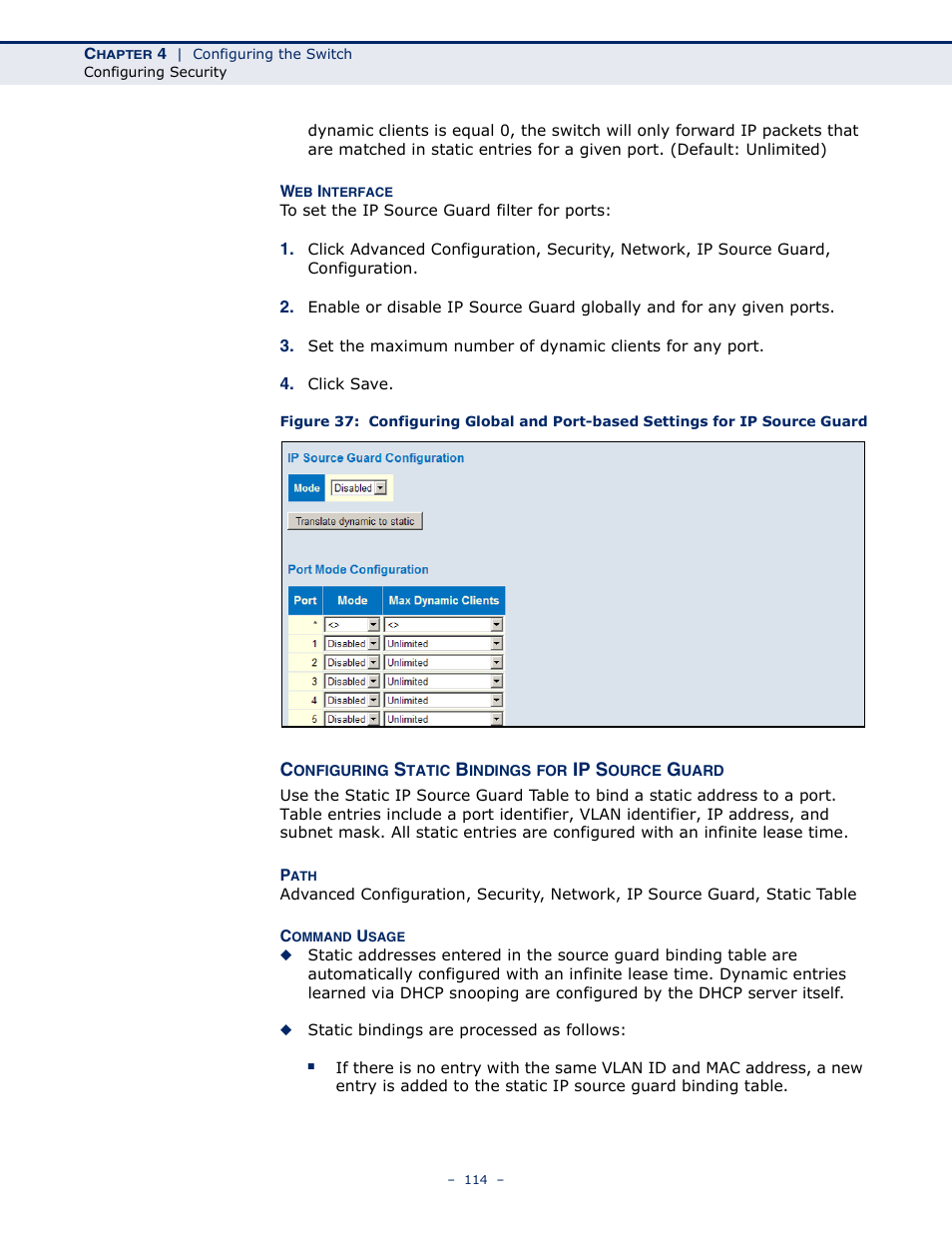 Configuring static bindings for ip source guard | LevelOne GSW-4876 User Manual | Page 114 / 314