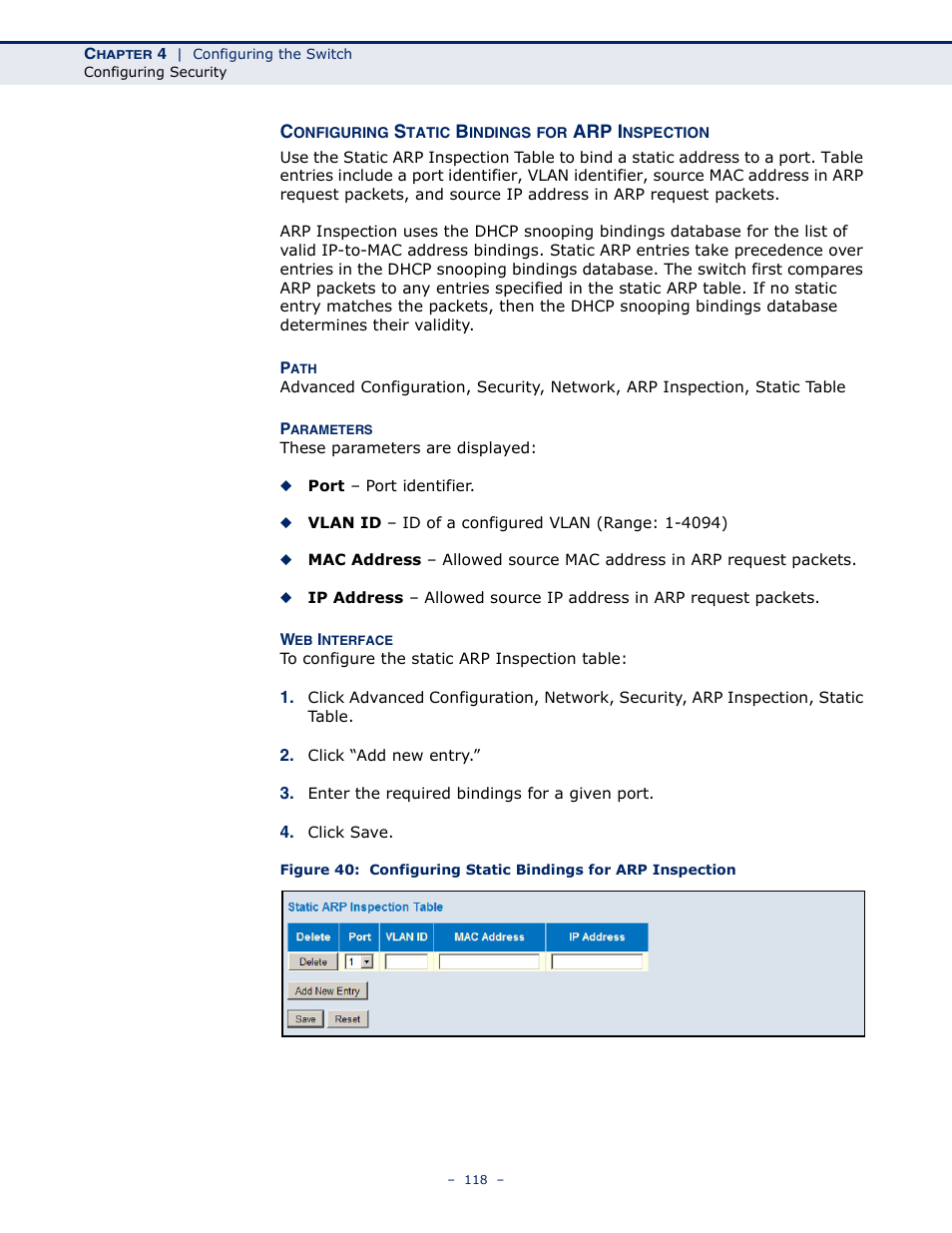 Configuring static bindings for arp inspection | LevelOne GSW-4876 User Manual | Page 118 / 314