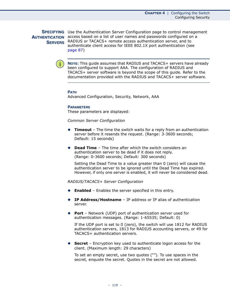 Specifying authentication servers | LevelOne GSW-4876 User Manual | Page 119 / 314
