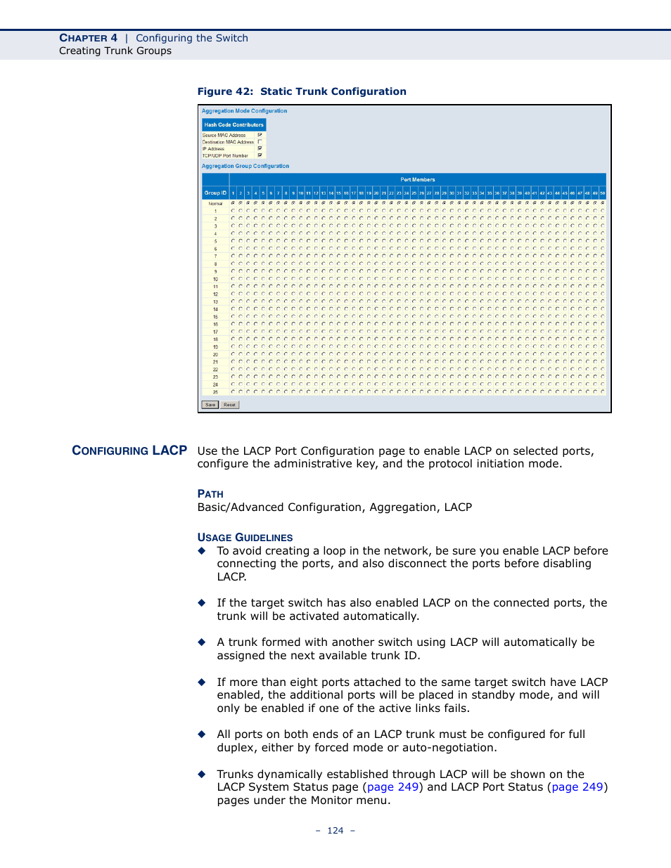 Configuring lacp, Figure 42: static trunk configuration | LevelOne GSW-4876 User Manual | Page 124 / 314