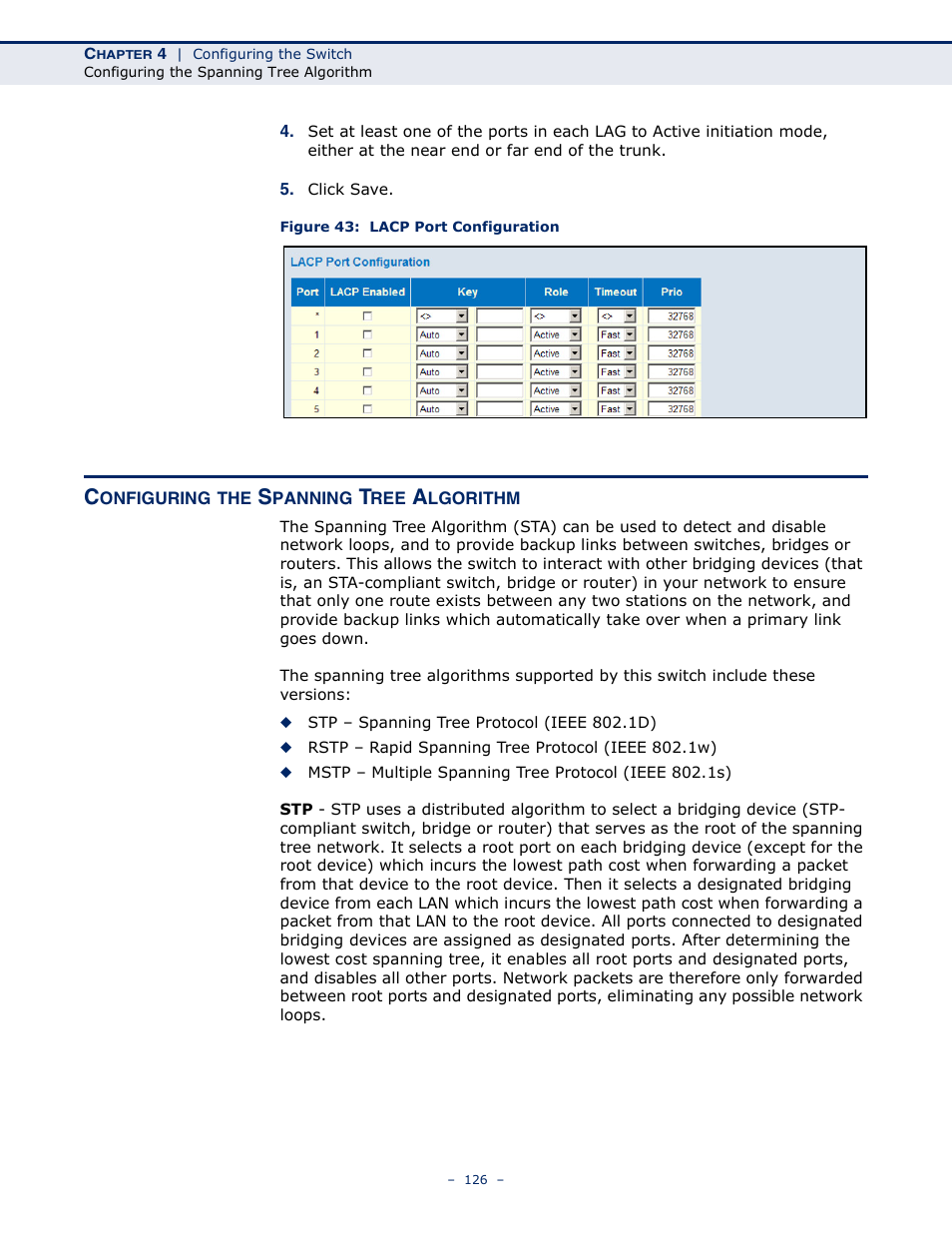 Configuring the spanning tree algorithm, Figure 43: lacp port configuration | LevelOne GSW-4876 User Manual | Page 126 / 314