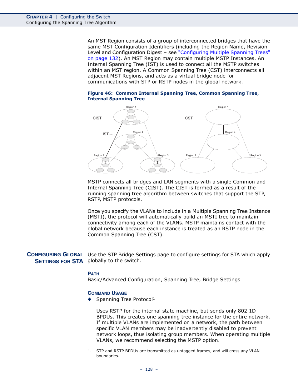 Configuring global settings for sta, Spanning tree | LevelOne GSW-4876 User Manual | Page 128 / 314