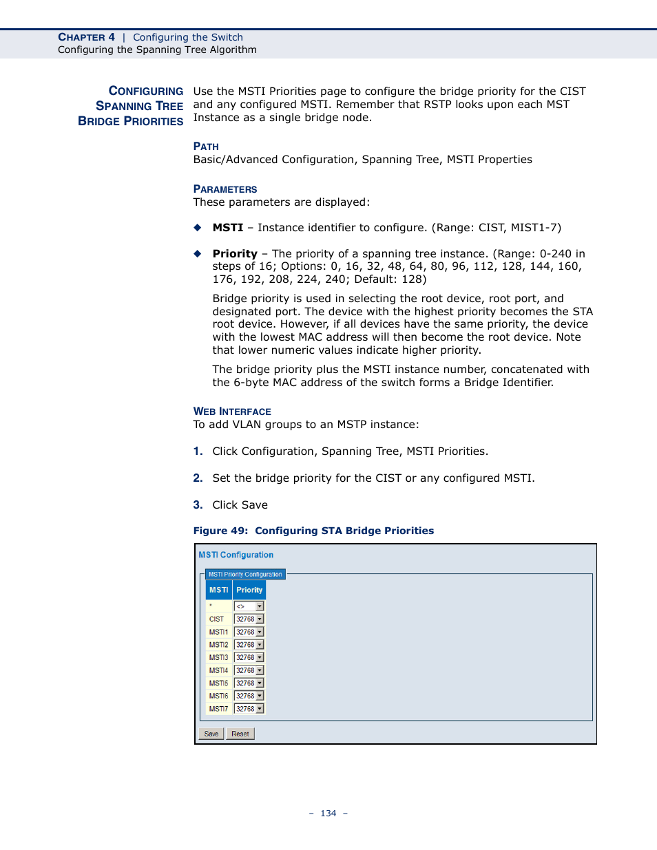 Configuring spanning tree bridge priorities, Figure 49: configuring sta bridge priorities | LevelOne GSW-4876 User Manual | Page 134 / 314