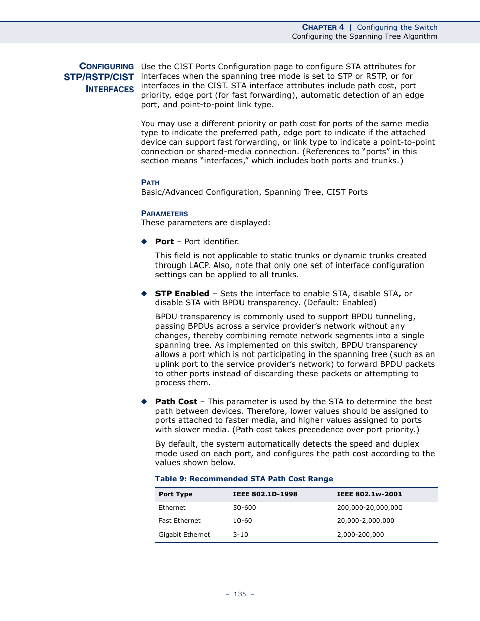 Configuring stp/rstp/cist interfaces, Configuring, Stp/rstp/cist interfaces | Table 9: recommended sta path cost range, Stp/rstp/cist i | LevelOne GSW-4876 User Manual | Page 135 / 314
