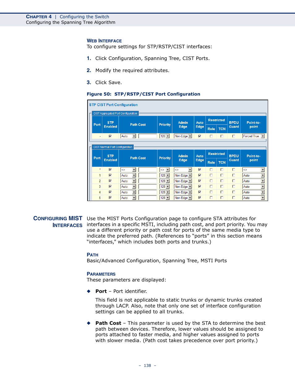 Configuring mist interfaces, Figure 50: stp/rstp/cist port configuration | LevelOne GSW-4876 User Manual | Page 138 / 314