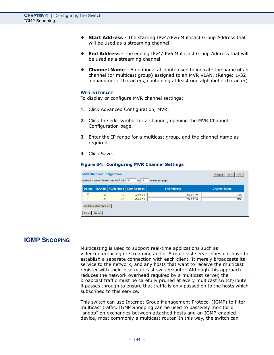 Igmp snooping, Figure 54: configuring mvr channel settings, Igmp s | LevelOne GSW-4876 User Manual | Page 144 / 314