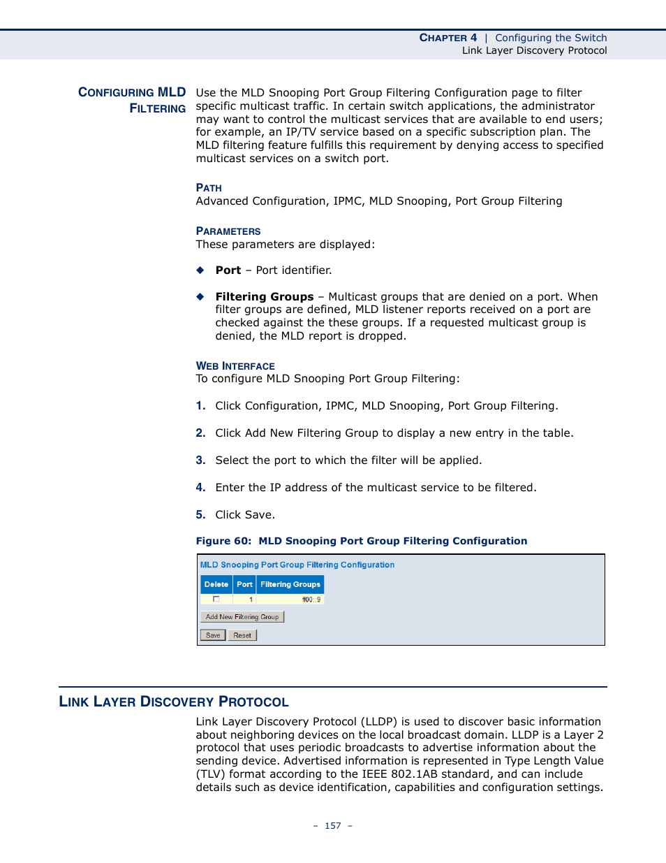 Configuring mld filtering, Link layer discovery protocol | LevelOne GSW-4876 User Manual | Page 157 / 314