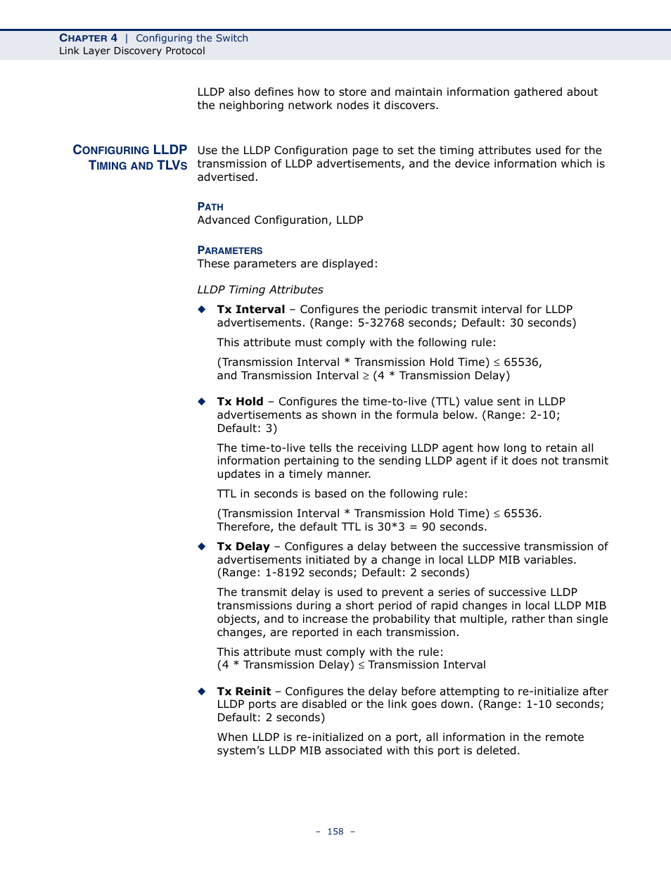 Configuring lldp timing and tlvs | LevelOne GSW-4876 User Manual | Page 158 / 314