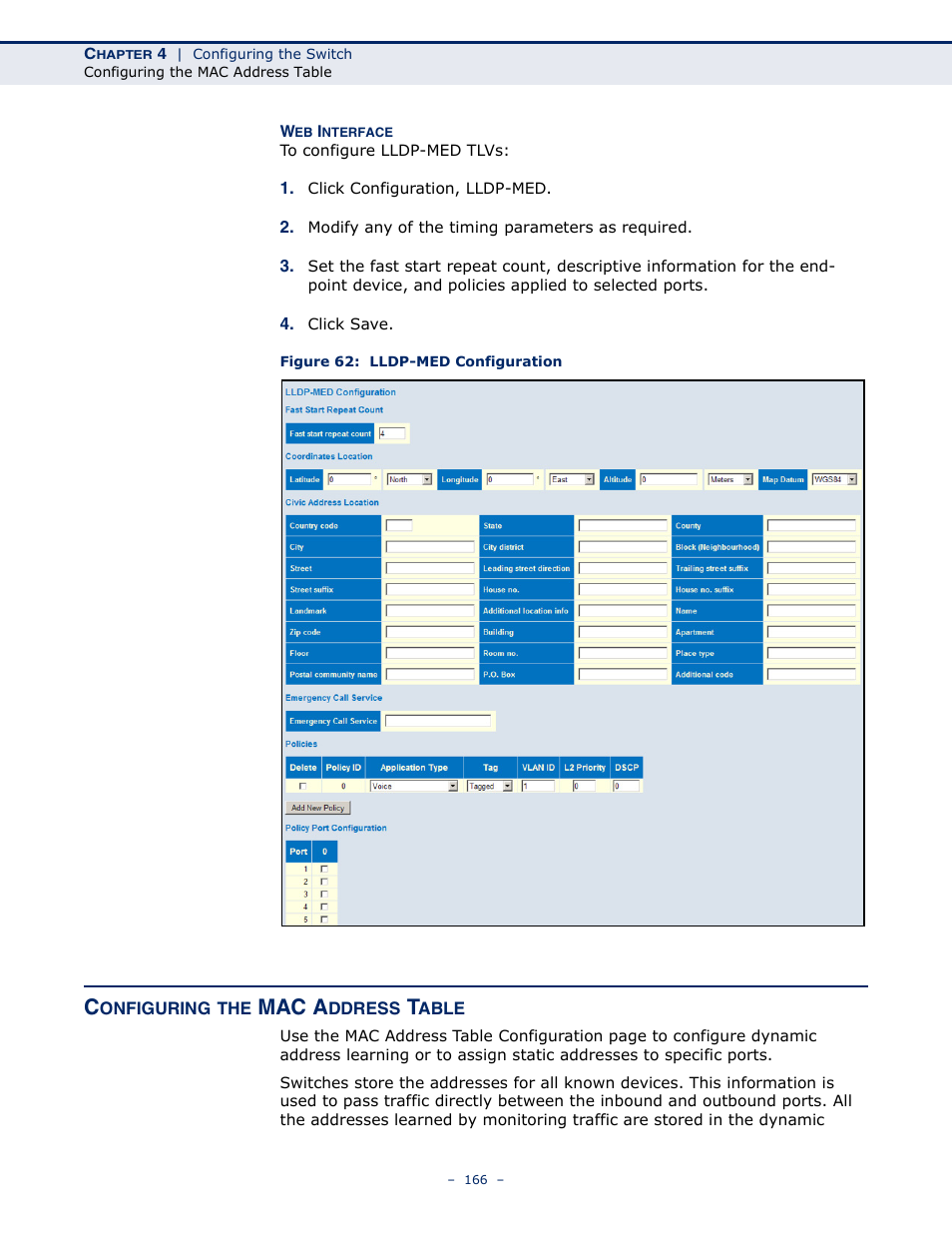 Configuring the mac address table, Figure 62: lldp-med configuration, Mac a | LevelOne GSW-4876 User Manual | Page 166 / 314