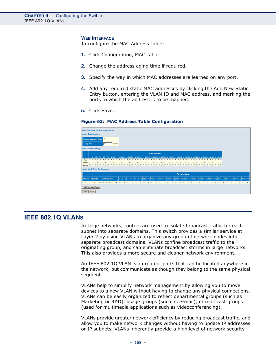 Ieee 802.1q vlans, Figure 63: mac address table configuration, Ieee 802.1q vlan | LevelOne GSW-4876 User Manual | Page 168 / 314
