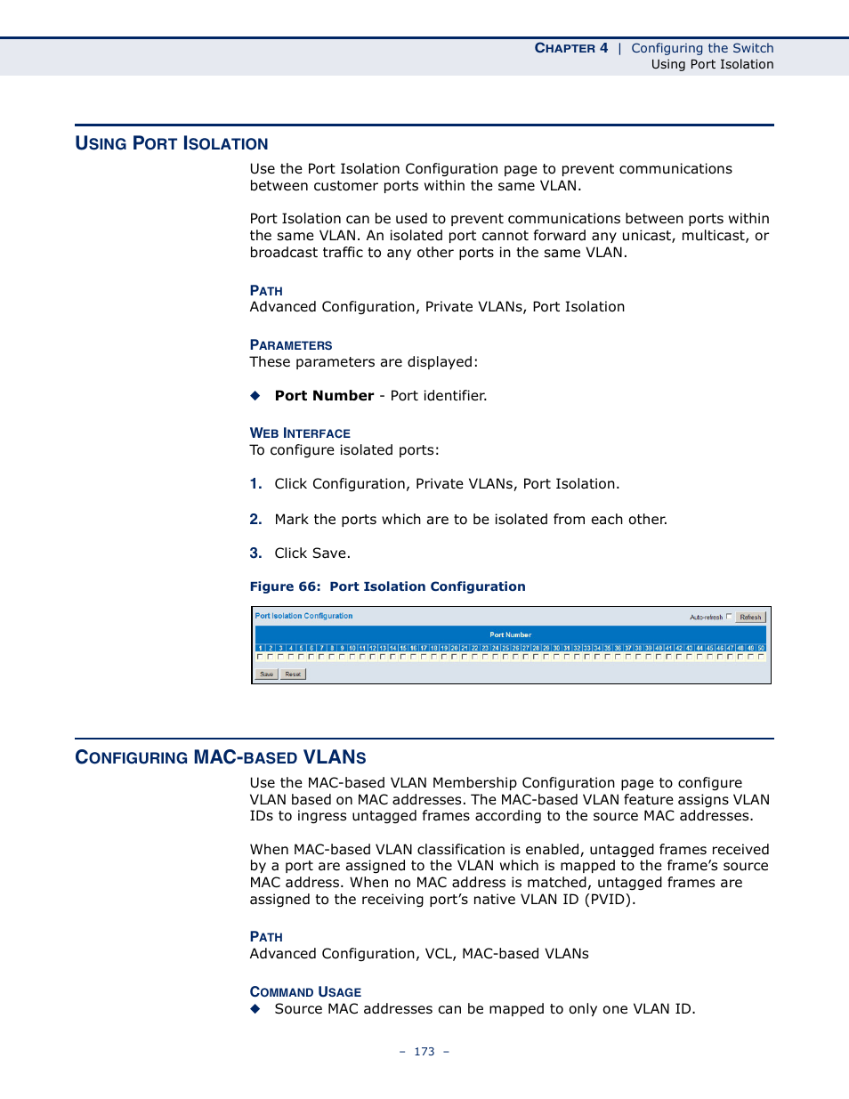 Using port isolation, Configuring mac-based vlans, Figure 66: port isolation configuration | Vlan | LevelOne GSW-4876 User Manual | Page 173 / 314