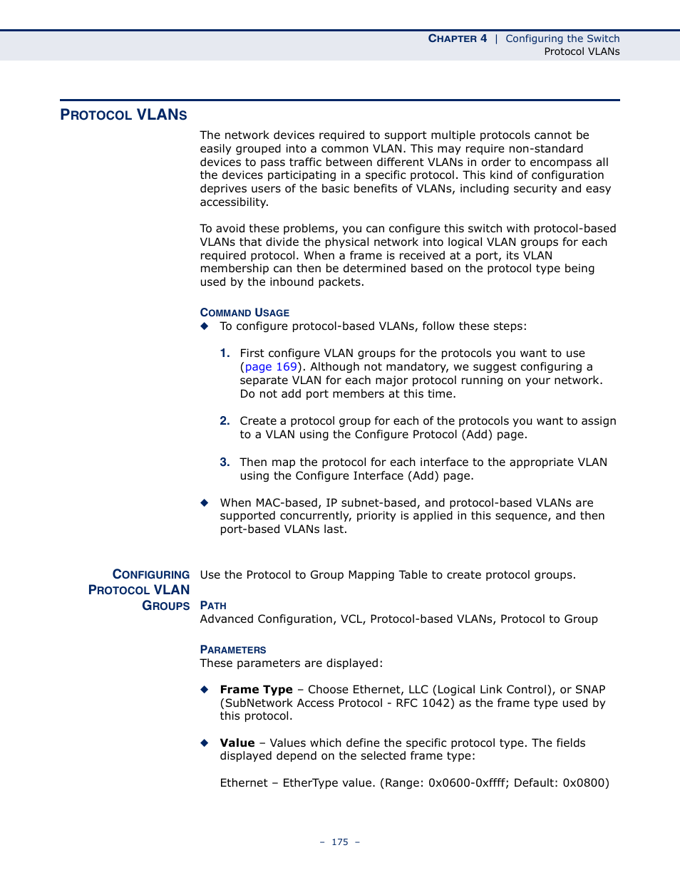 Protocol vlans, Configuring protocol vlan groups, Vlan | LevelOne GSW-4876 User Manual | Page 175 / 314